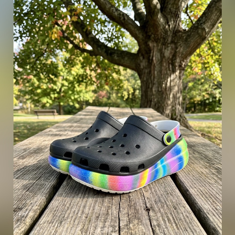 CROCS Black Mules with 🌈 Sole women’s 10